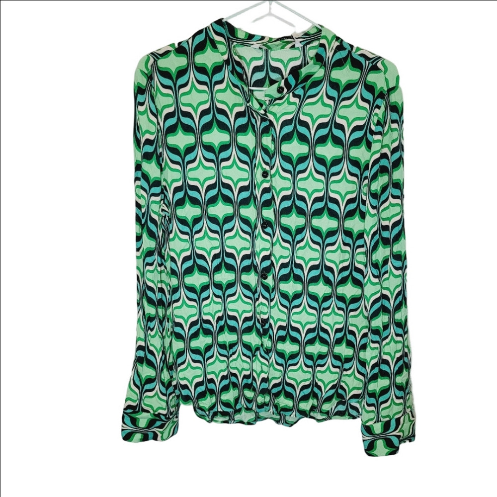 Zara NWT Printed Geometric Viscose Button Up Blouse Long Sleeve